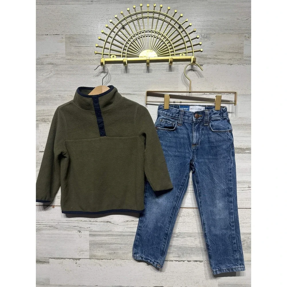 Old Navy Fleece Pullover and Jeans Set Boys 3T Green Blue Casual EUC
